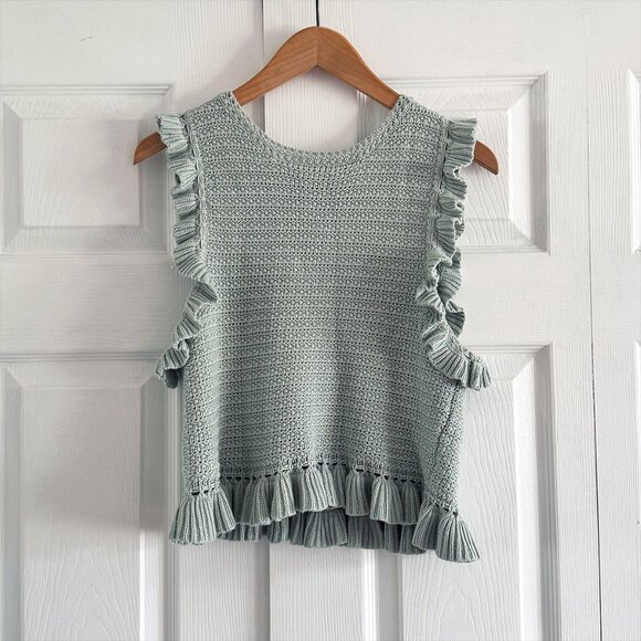 Mable Crochet Knit Ruffle Keyhole Boho Cropped Top in Mint - Picture 6 of 10